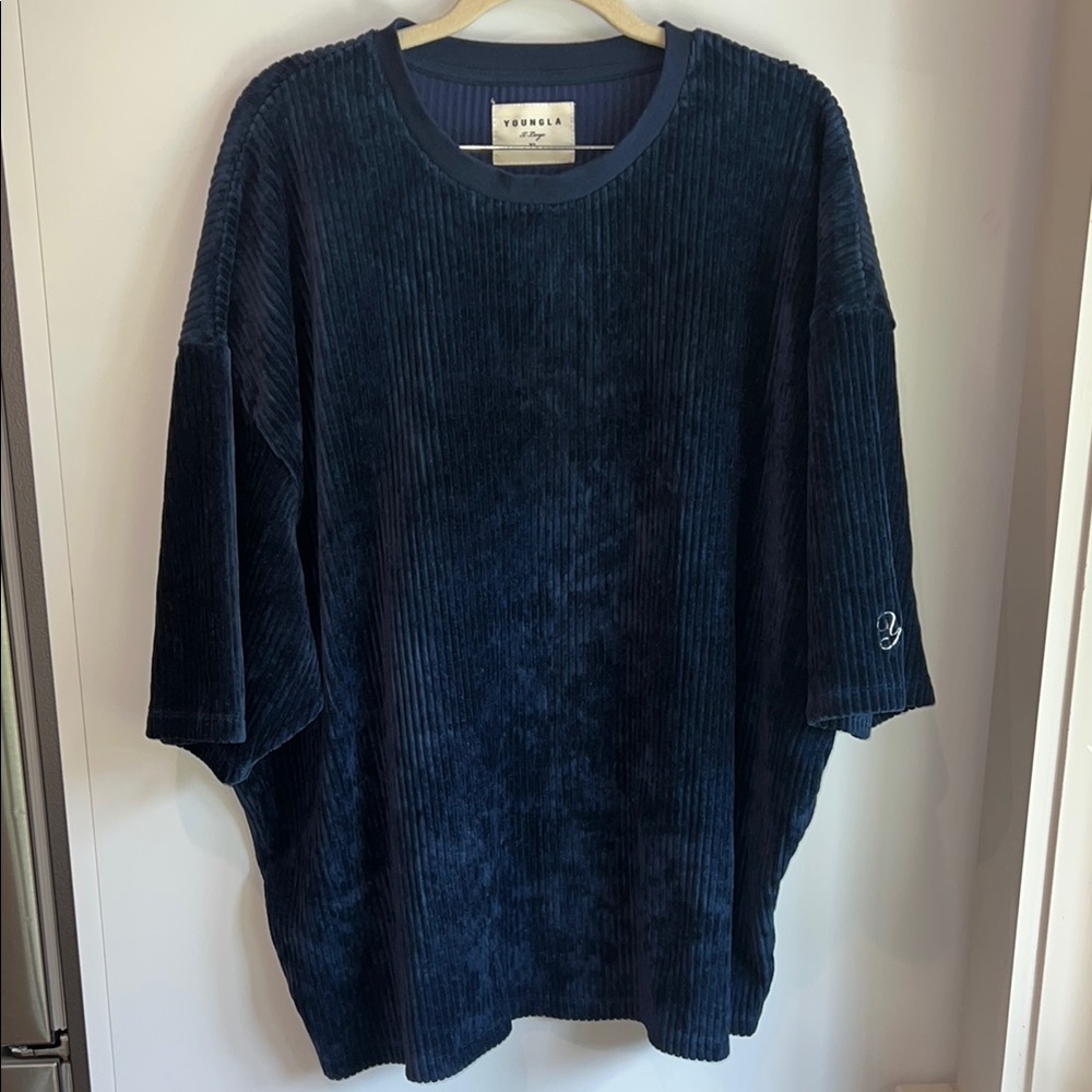 YOUNGLA Deep Blue Ribbed Velvet Top